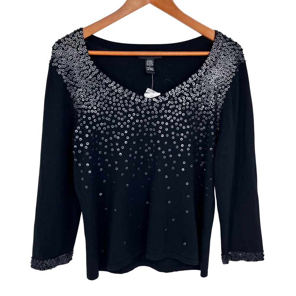 Cable & Gauge Black Silk Blend Sequin Sweater V-Neck 3/4 Sleeve Womens Large